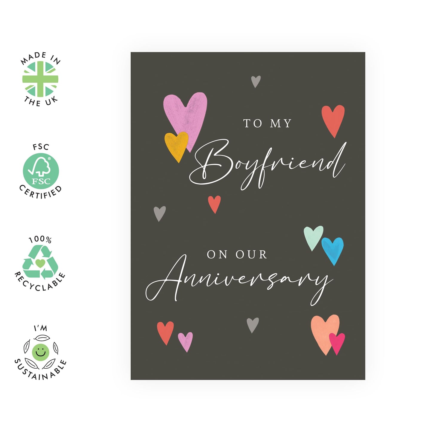 Boyfriend's Romantic Anniversary Card - 'Boyfriend Anniversary' - Gifts for Him, Babe, Other Half, Darling, Men, Guys, Boys - Coloured Hearts - Comes with Fun Stickers