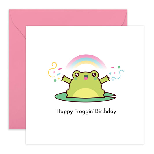 Happy Frog Birthday Card - 'Happy Froggin Birthday' - Gifts for Women, Girls, Friends, Sister, Bestie, - Rainbow and Confetti - Comes with Fun Stickers