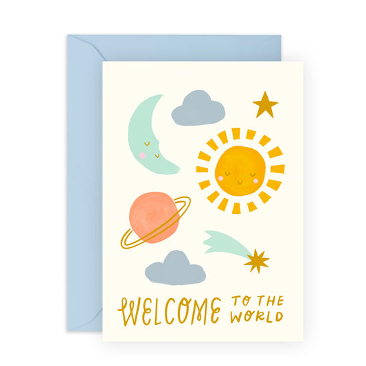 Greeting Card - 'WELCOME SPACE WORLD BABY' - Perfect for Celebrating the Arrival of a New Baby with a Cosmic Theme - Ideal for Baby Showers or Announcements - Comes with Stickers by Central 23