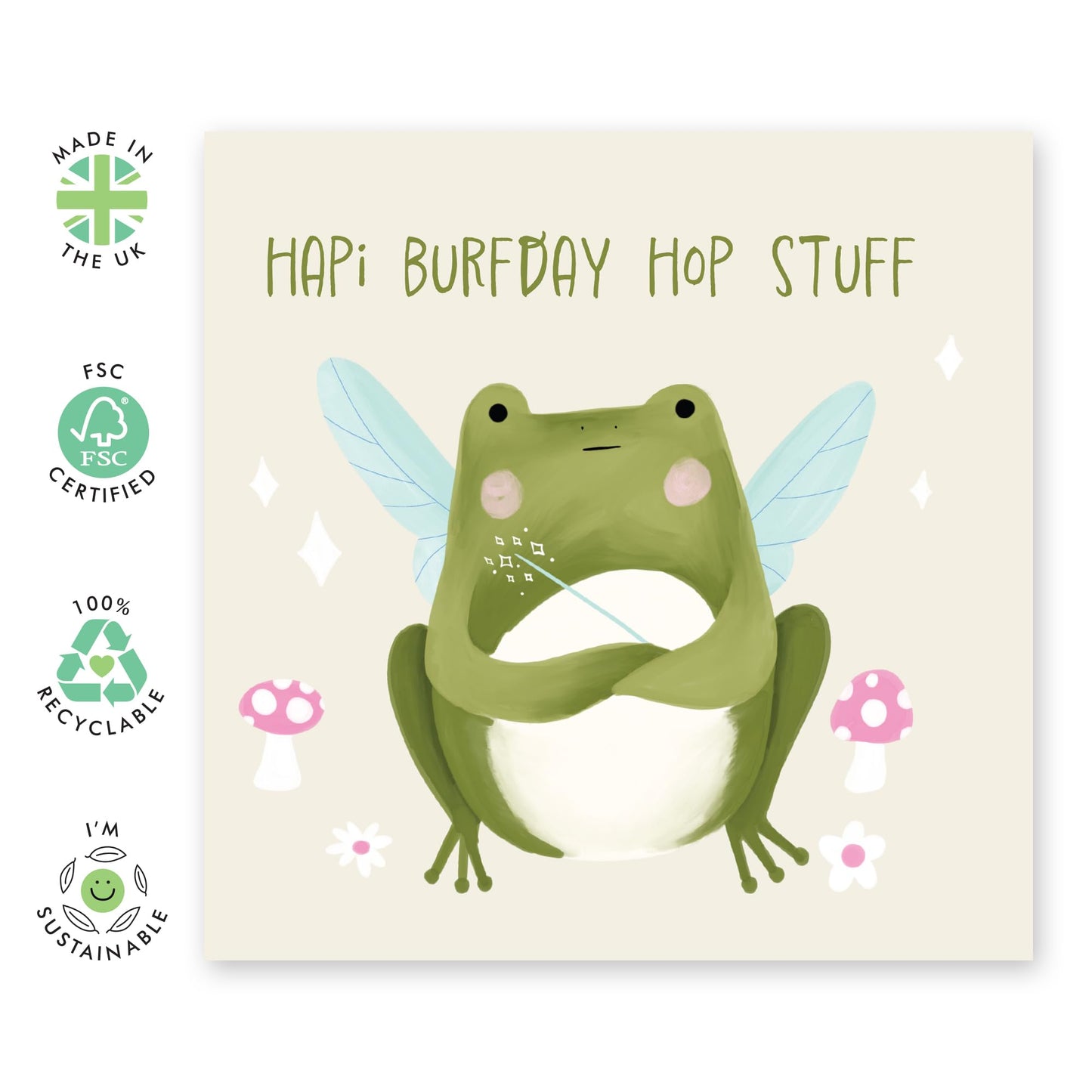 Girlfriend Birthday Cards Funny - Happy Burfday Hop Stuff - Frog Fairy - Wife Birthday Card - Humorous Greeting Cards For Her - Best Friend Bestie Bff - Comes With Stickers - By Central 23