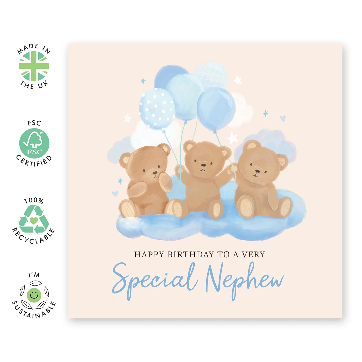 Baby Boy Birthday Card - 'Teddy Nephew Birthday' - Gifts for Babies, Kids, Children, Toodler and Parents - Toddlerhood - Comes with Fun Stickers