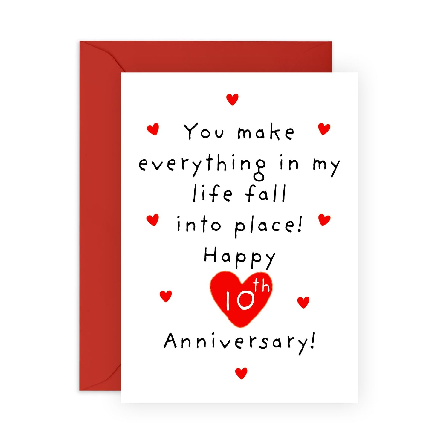 10 Years Anniversary Card Hearts - 'Fall Into Place 10th Anni' - Gifts for Wife, Husband, Spouse, Partner, Other Half, Babe - Red & Romantic - Comes with Fun Stickers