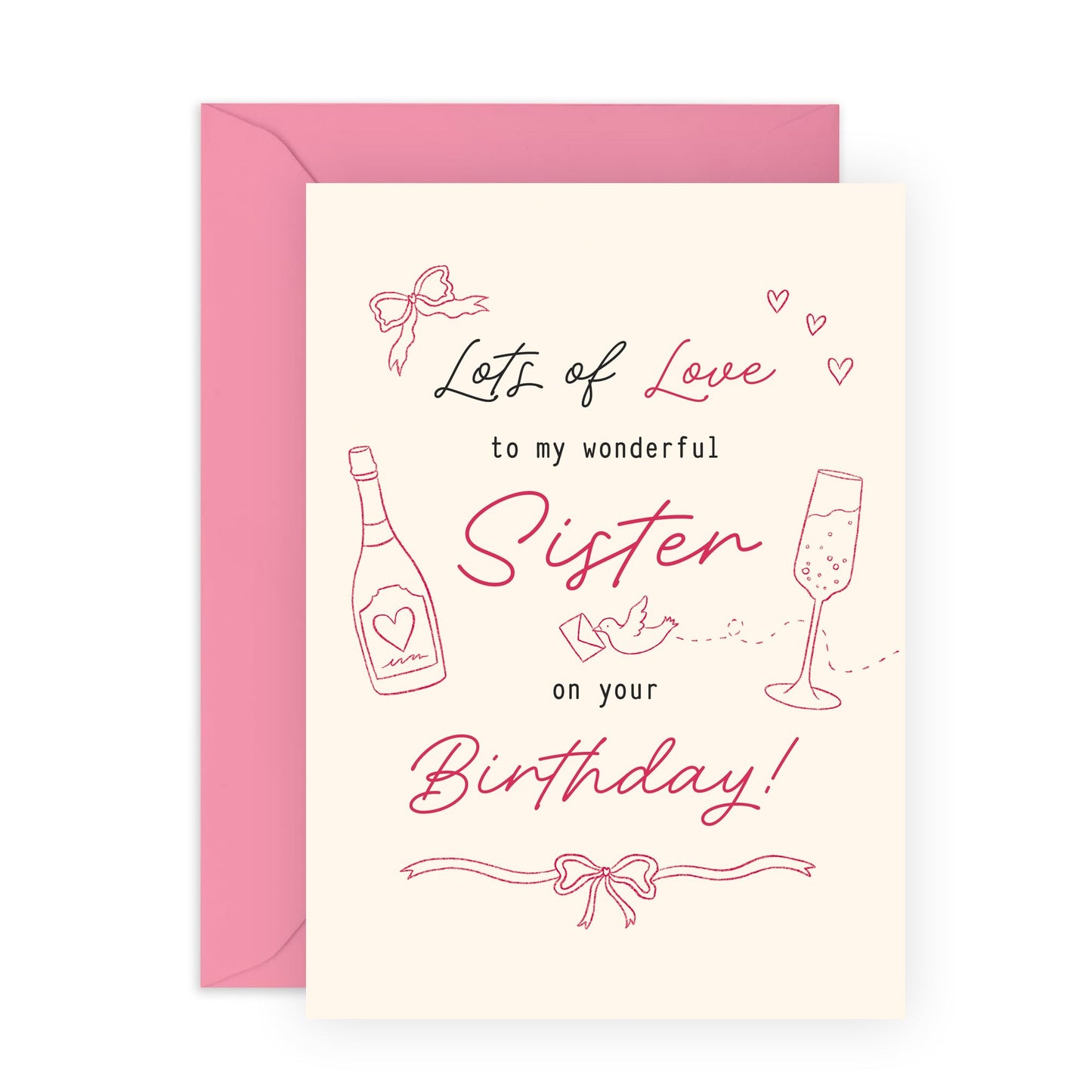 Thoughtful Birthday Card for Sister - Lots of Love - Doodle Design - Elegant and Fun Gifts for Sis, Sibling, In Law, Step Sis, Her, Ladies, Girls - Comes with Fun Stickers and Pink Envelope