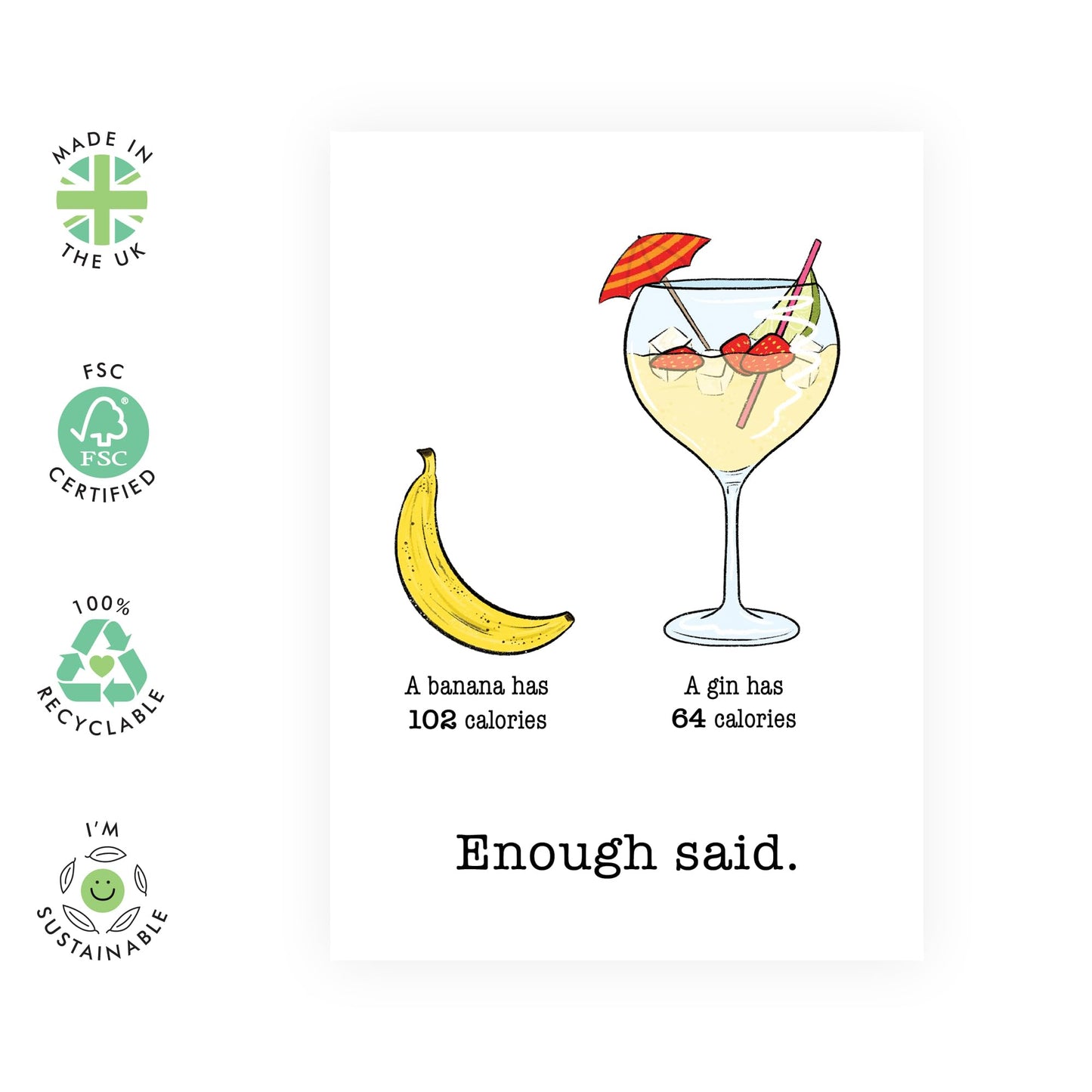 Mothers Day Card - Banana And Gin Calories Enough Said - Mum Birthday Card - Gifts For Her From Daughter Son - Womens Birthday Card For Mummy Step Mum - Comes With Stickers By Central 23