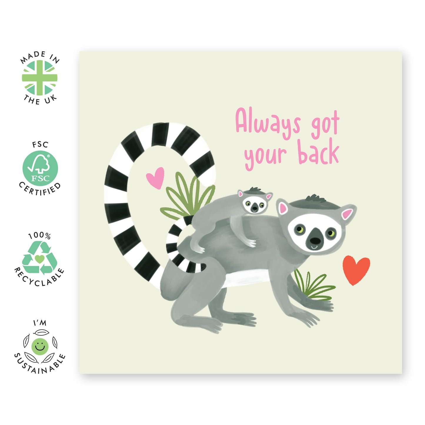 Greeting Cards For Mum Dad - Always Got Your Back Lemur - Mothers Day Cards For Mum Aunt Nan - Fathers Day Cards For Dad Uncle - From Son Daughter - Comes With Stickers By Central 23