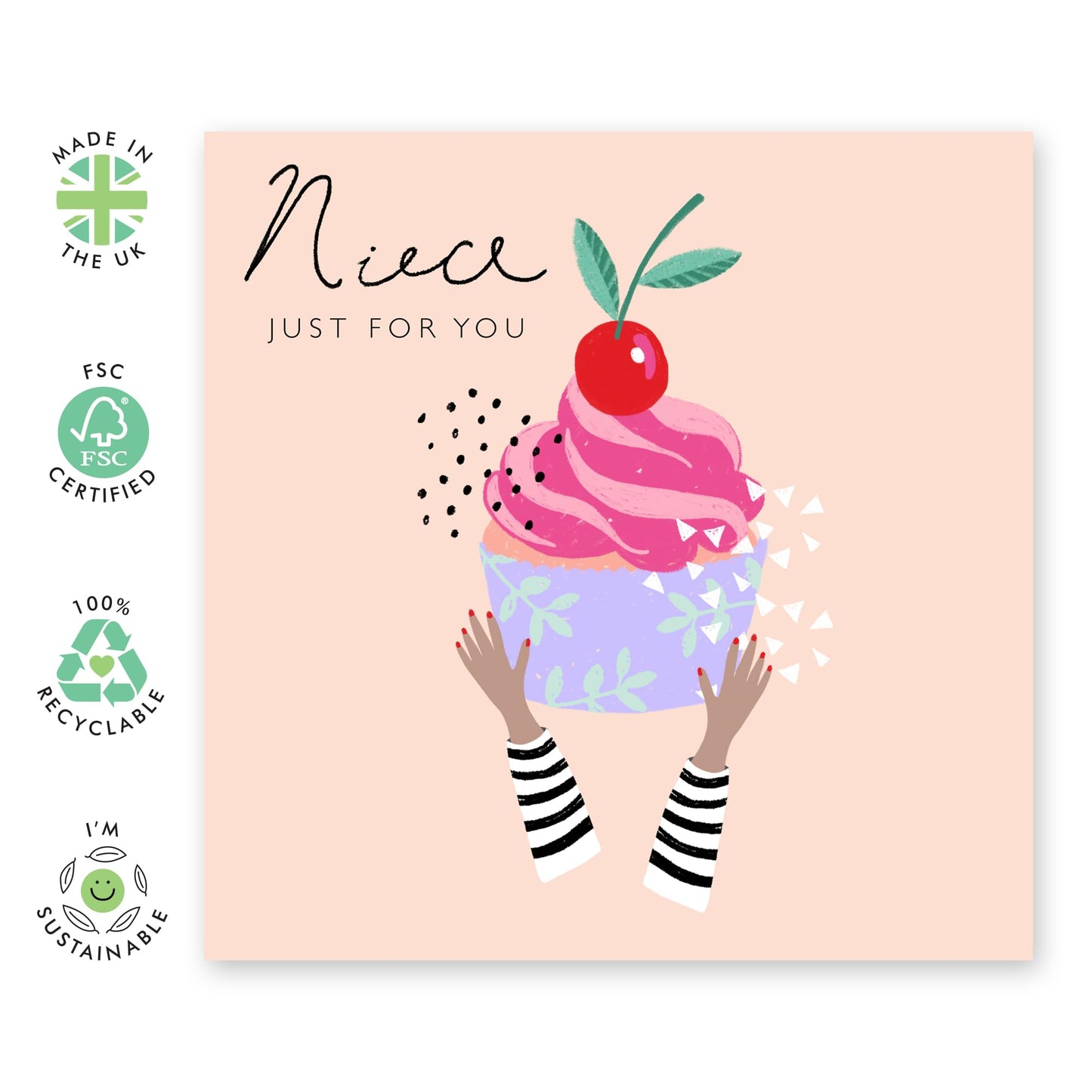 Niece Birthday Card - Just For You Cherry Cupcake - Sweet Greeting Cards For Girls Teens - Trendy Happy Bday Cards For Women Female - Pink Gifts For Her - Comes With Stickers By Central 23