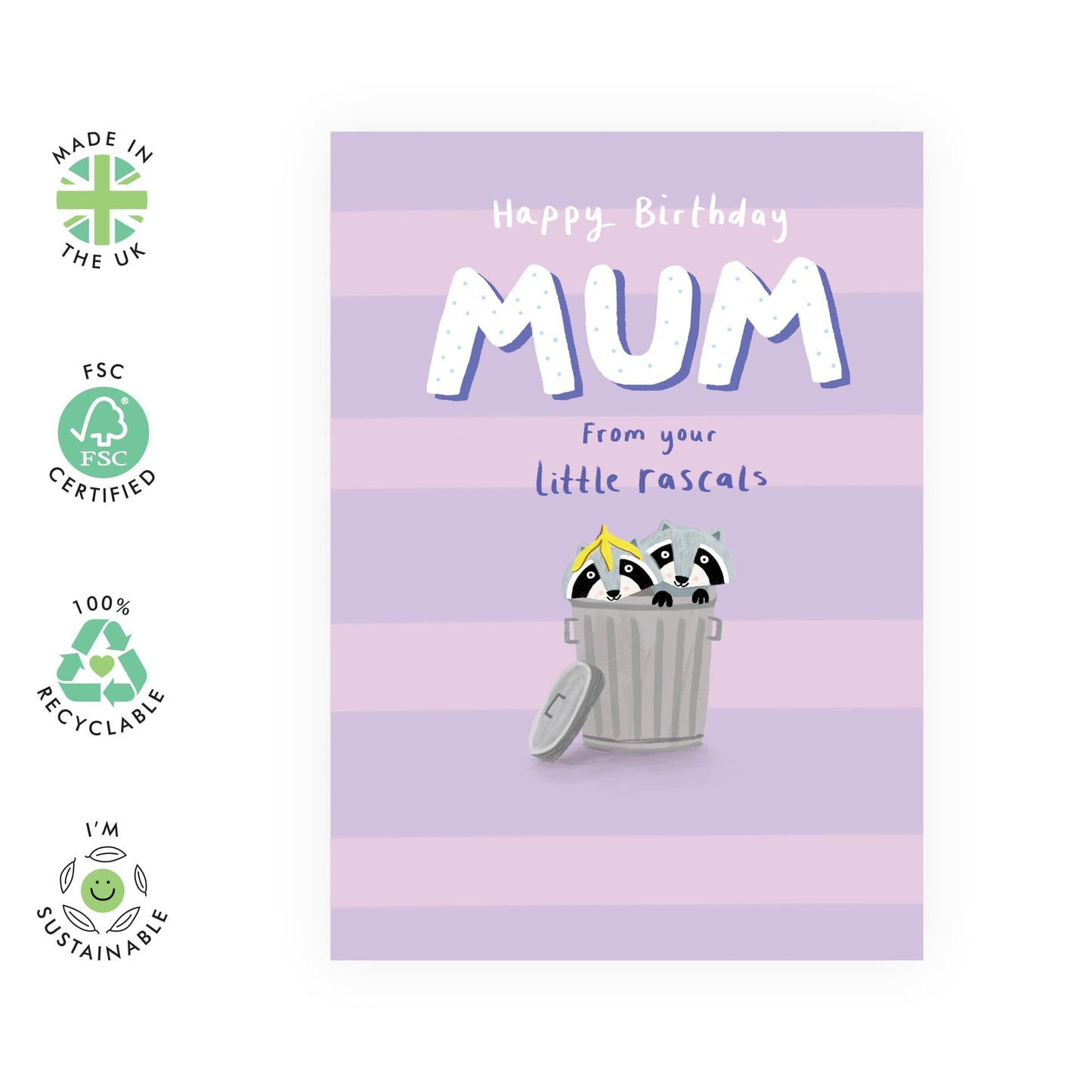 Mother Birthday Card - 'HBD Mum Raccoons' - Gift for Mother, Mum, Mama from Kids, Children, Son, Daughter - We Love You - Comes with Fun Stickers