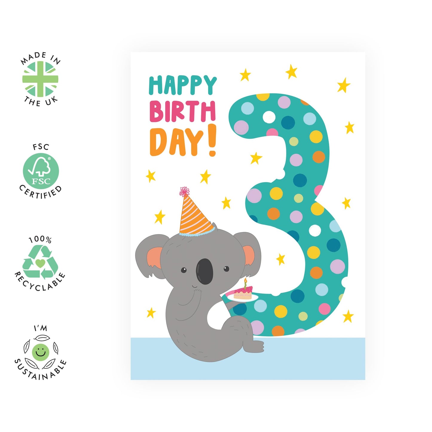 3rd Birthday Cards For Kids - Cute Koala Age Three - Happy Third Birthday Card For Girl Boy Toddler - Milestone Cards - Gifts For Godson Granddaughter - Comes With Stickers By Central 23