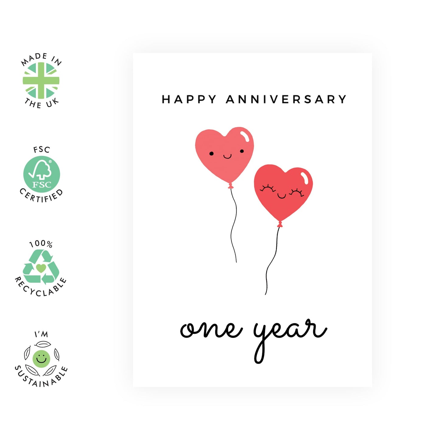 Cute 1st Anniversary Card for Her or Him - 'Heart Balloon 1' - Gifts for Girlfriend, Boyfriend, Husband, Wife, Spouse, Babe, Lovebug, Darling, Hun, Other Half - First - Comes with Fun Stickers