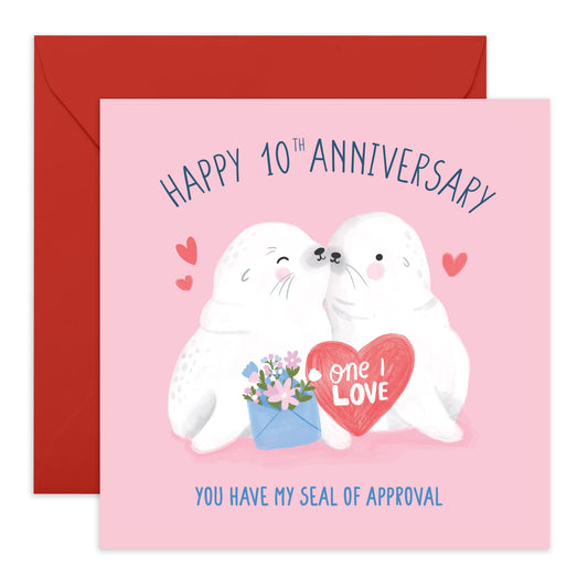 Anniversary Greeting Card - 'SEAL 10 YEARS' - Perfect for Celebrating a Decade of Love with a Cute Seal Design - Ideal for Joy & Milestone Cheer to Your Special Day - Comes With Stickers By Central 23
