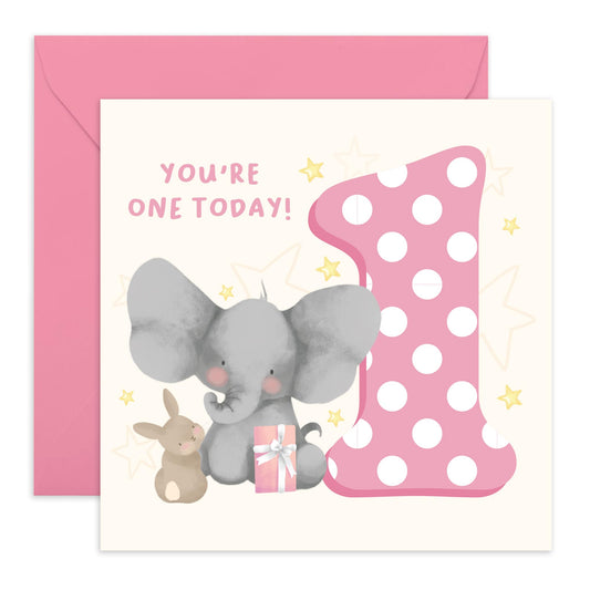 1st Birthday Card Girls - Elephant Bunny Age 1 - Baby Milestone Cards Age One - First Birthday Cards For Grandson- Gifts For Daughter Niece - From Mum Dad - Comes With Sticker By Central 23