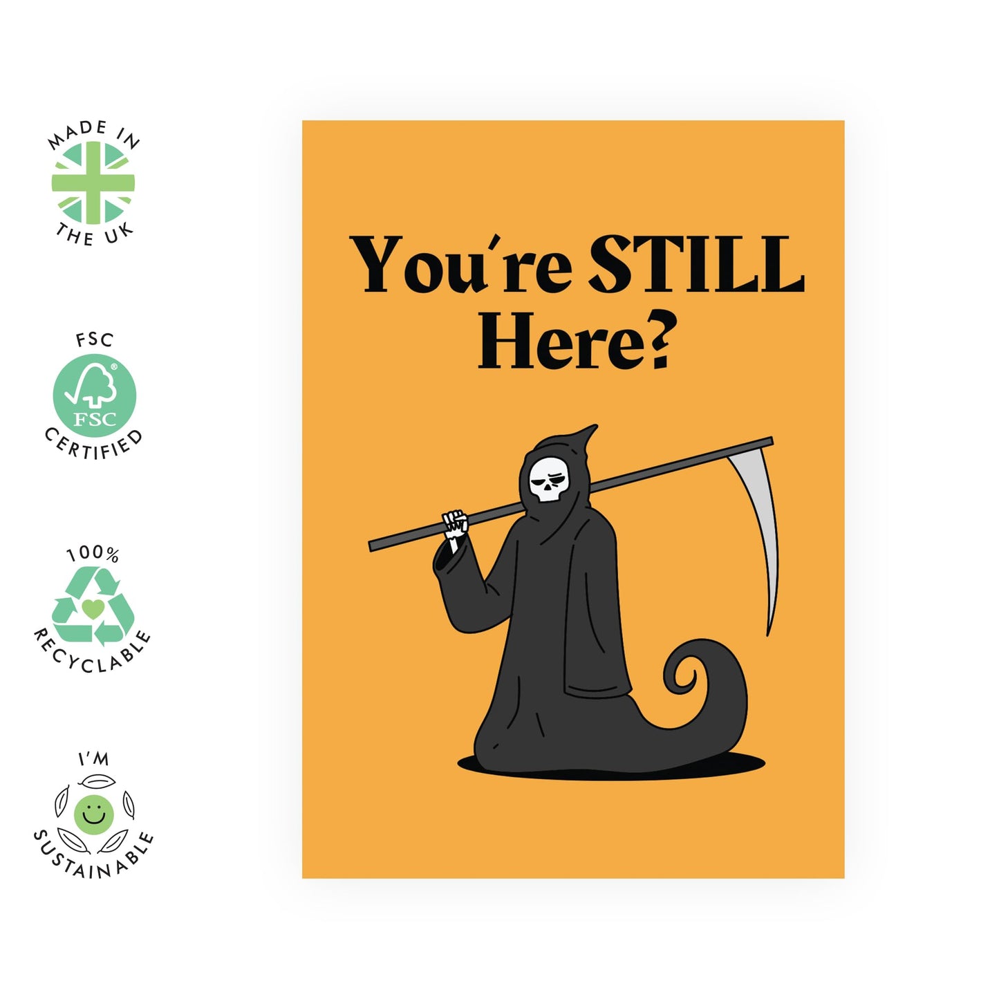 Grim Reaper Birthday Card Funny - You're Still Here? - Evil Dark Humour Birthday Greeting Cards For Friends Men Women - Bday Gifts For Him Her - Comes With Fun Stickers By Central 23