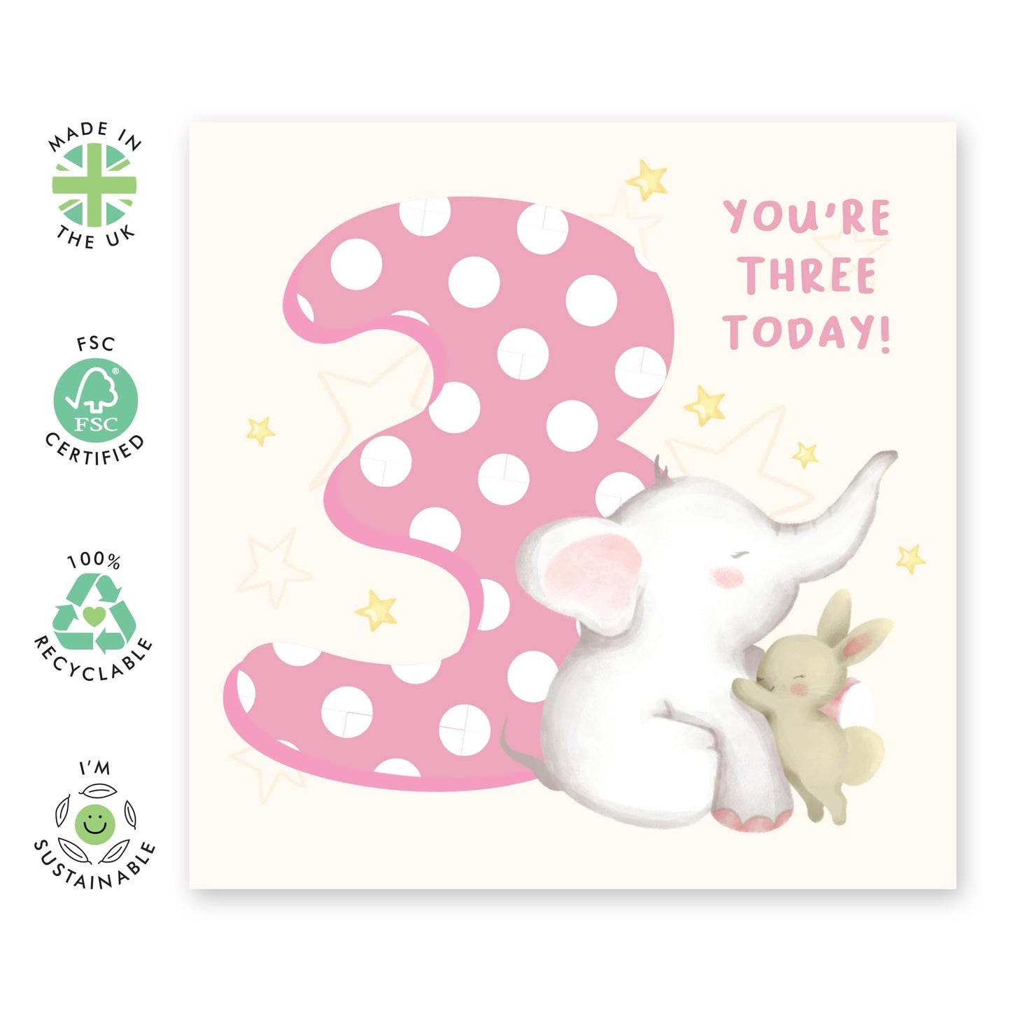 3rd Birthday Card For Girls - Elephant Bunny Age 3 - Baby Milestone Cards Age Three - Third Birthday Cards For Niece - Gifts For Daughter Toddlers - Comes With Sticker By Central 23