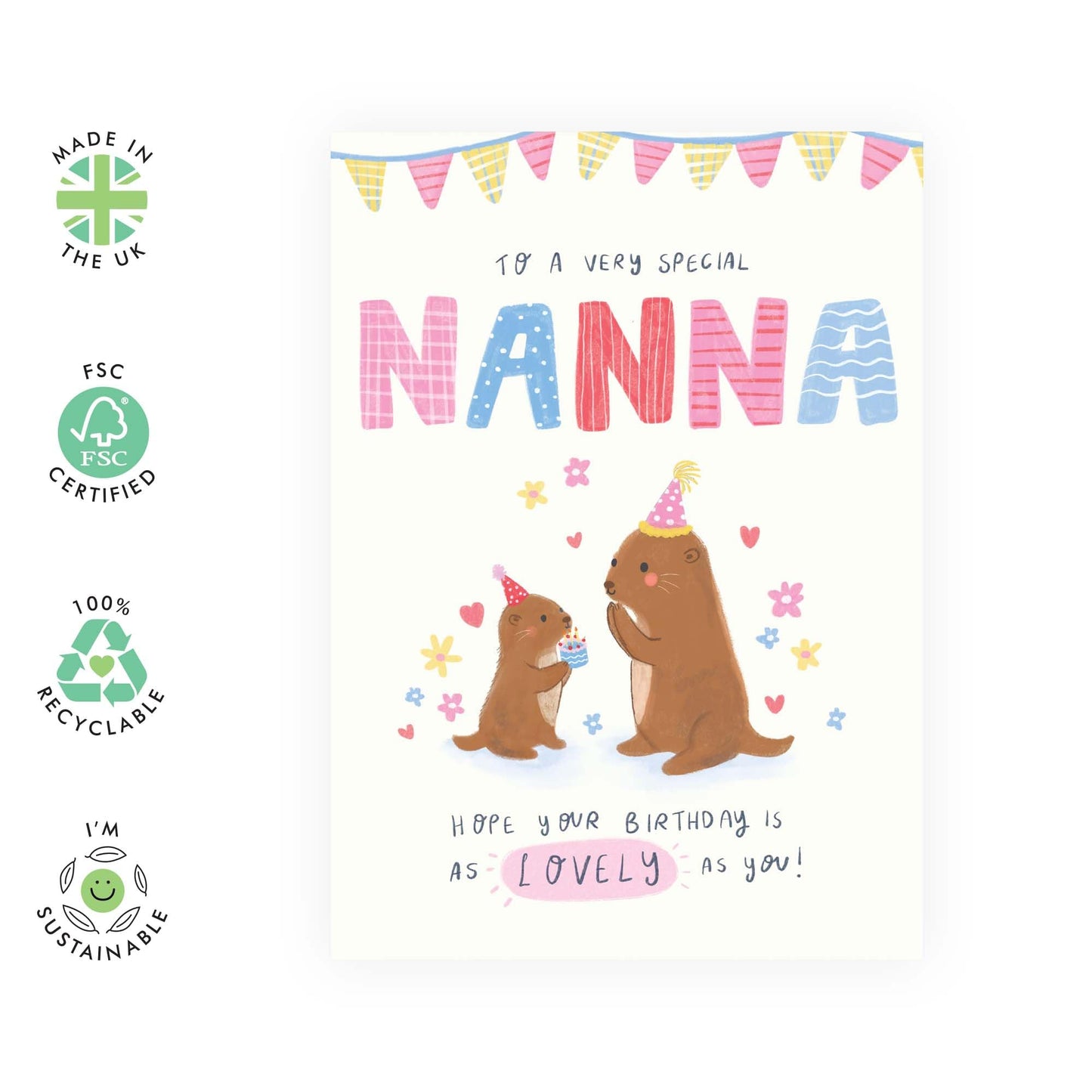 Lovely Nanna Birthday Card -'Otter Nanna'- Presents for Granny, Grandma, Grandmother, Mimi, Nan, Gran from Grandkids - Heartfelt Mothers Day Card for Her - Bday Party & Cake -Comes with Fun Stickers