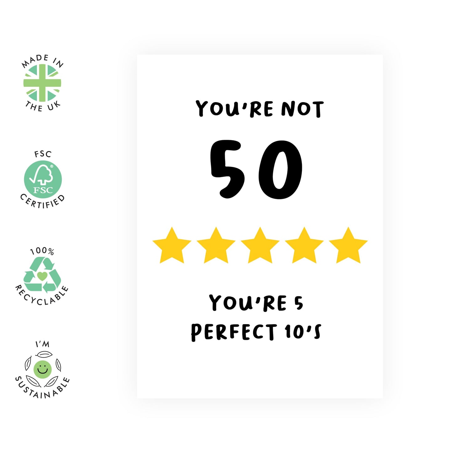 Silly Birthday Card for 50 Year Olds - '50th Birthday 5 Perfect 10s' - Gifts for Dad, Mum, Best Friends, Sister, Sis, Cousin, Her, Colleagues, Co-Workers, Her - Fifty Stars - Comes with Fun Stickers