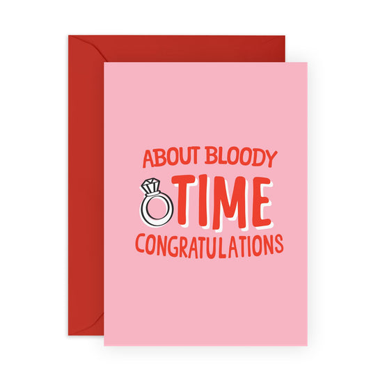 Wedding Celebration Card - 'About Bloody Time' - Gifts for Bride, Groom, Mate, Brother, Sister, Bestie, BFF, Daughter, Son, Co-worker, Colleague - Wedding Ring - Comes with Fun Stickers