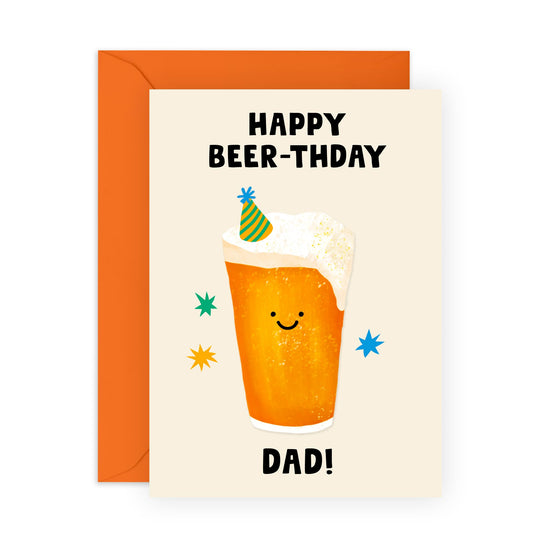Dad's Birthday Card – 'Happy Beer-thday Dad!' – Humorous Beer-Themed Card for Father’s, Daddy, Papa, Pops– Designed for Beer Lovers - Comes with Fun Stickers