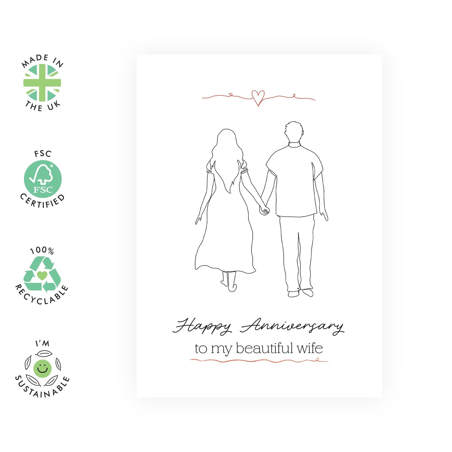 Thoughtful Anniversary Card for Her - 'Beautiful Wife' - Gifts for Spouse, Babe, Hun, Other Half, Darling, Mrs - Holding Hands - Comes with Fun Stickers