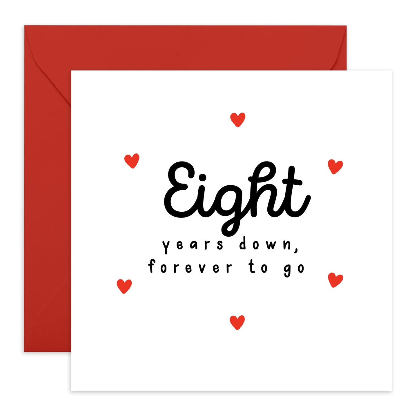 8th Anniversary Card For Him Her - 'Eight Years Down' - Gifts for Babe, Girlfriend, Boyfriend, Husband, Wife, Spouse - Classic Red Hearts - Comes with Fun Stickers