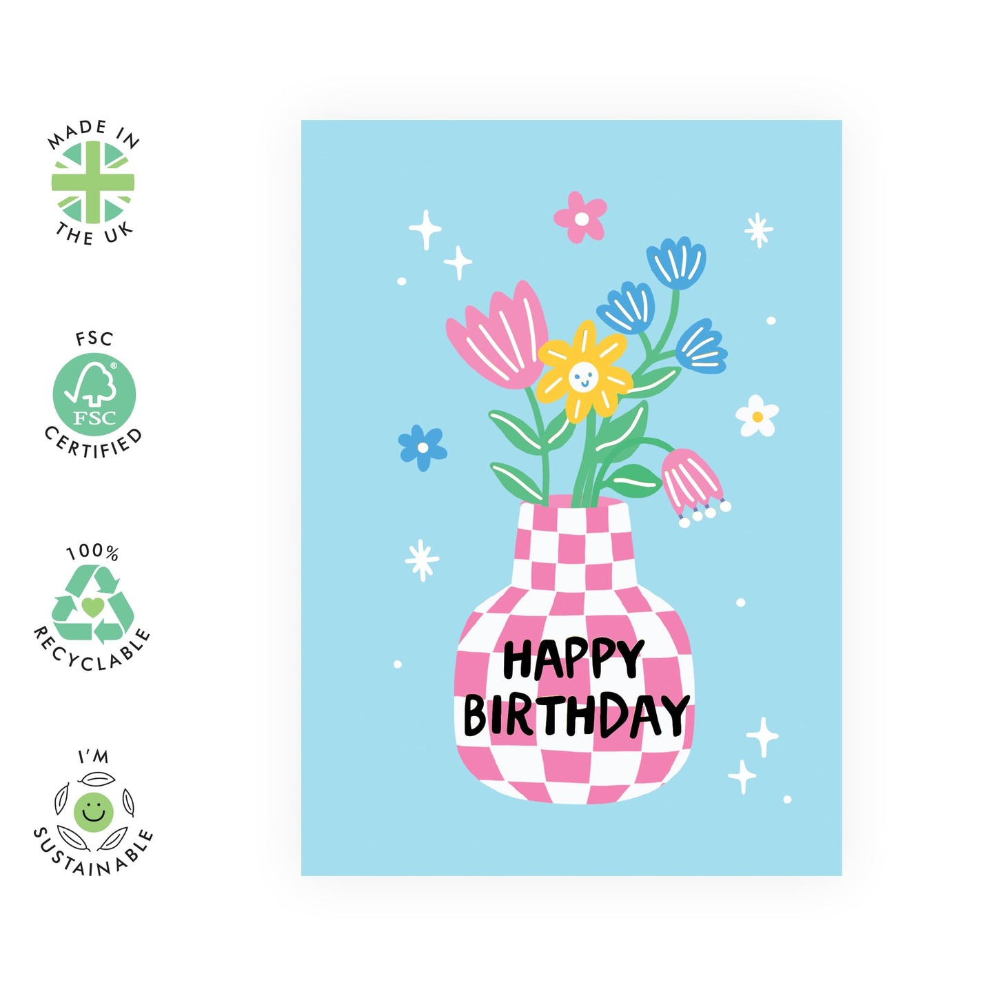 Sweet Birthday Card - 'Flowers In Vase' - Gifts for Besties, Best Friends, Gals, Colleagues, Officemate, Her, Co-worker, Sis, Sister, Grandma, Mum, Auntie - Pinky - Comes with Fun Stickers
