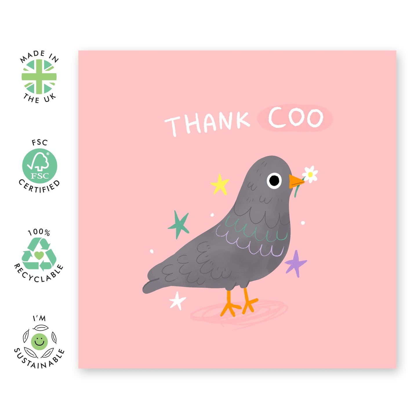 Adorable Bird Thank You Card - 'Thank Coo' - Gifts for Best Friends, Her, Girlfriend, Bestie, Colleagues, Co-workers, Cousin, Sister, Brother - Flowers and Gratitude - Comes with Fun Stickers