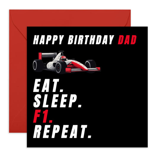 Cool Birthday Card For Dad - 'Sleep Eat F1 Repeat Birthday Dad' - Presents for Father, Daddy, Pop, Papa, Him - Racing Fan - Comes with Fun Stickers