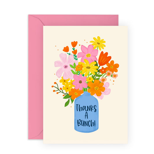 Thank You Flower Vase Greeting Card - 'Thanks A Bunch' - Gifts for Friends, Colleagues, Co-workers, Family, Relatives, Mum, Dad, Bestie - Saying Thanks - Comes with Fun Stickers