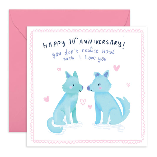 Anniversary Greeting Card - '10TH ANNIVERSARY WOLVES' - Perfect for Celebrating a Decade of Love with Wolf-Themed - Ideal for Adding a Touch of Wild Romance and Joy - Comes With Stickers By Central 23
