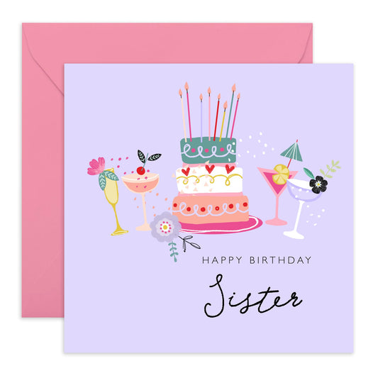 Purple Birthday Card For Sister - Bday Cake And Cocktails - Celebration Gifts Presents For Her - Sister Birthday Cards For Women - Comes With Fun Stickers By Central 23