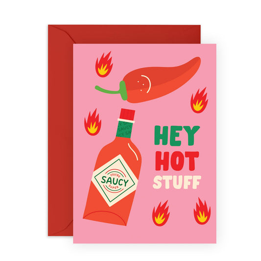 Partner Birthday Card For Him - Hey Hot Stuff Hot Sauce - Raunchy Valentines Day Cards For Husband Wife - Funny Anniversary Card For Couple - Gifts For Him Her - Comes With Stickers By Central 23