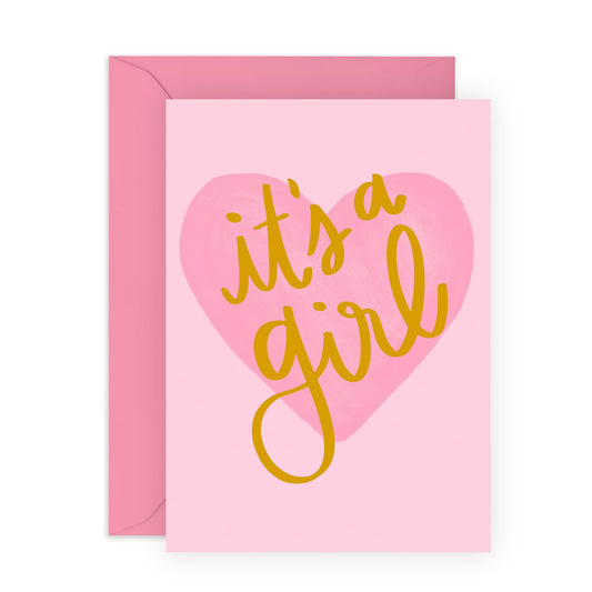 Gender Reveal Card - It’s a Girl, Pink Heart Design – Surprise for Family, Mum, Dad, Brother, Sister, Colleagues, Children, Relatives - New Baby, Baby Shower, Newborn Arrival – Comes with Stickers