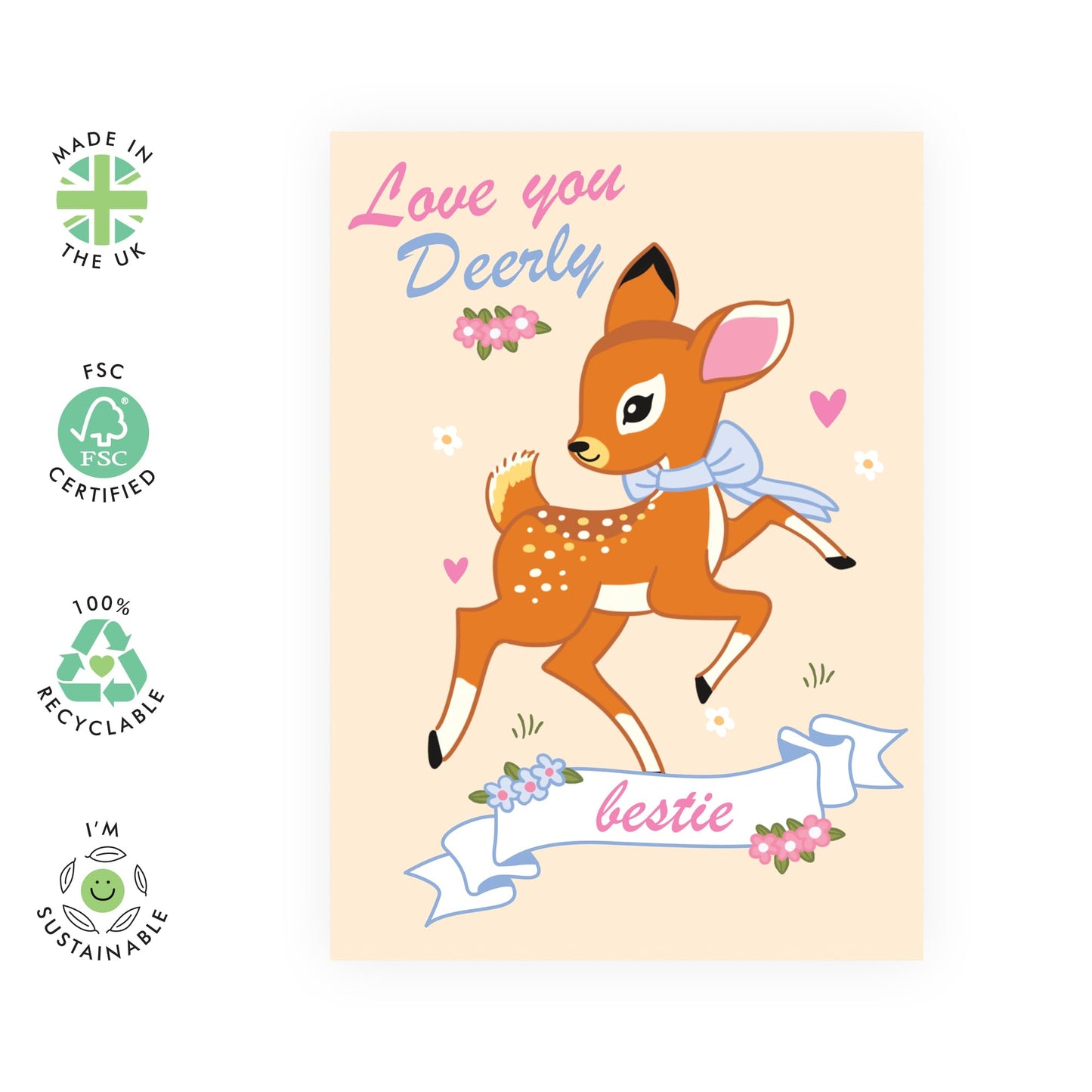 Cute Best Friend Card – "Love You Deerly Bestie" – Presents for BFF, Girlfriend, Her, Women, Girls, Ladies, Sister - Adorable Deer Design for Birthday, Galentine’s - Comes with Fun Stickers