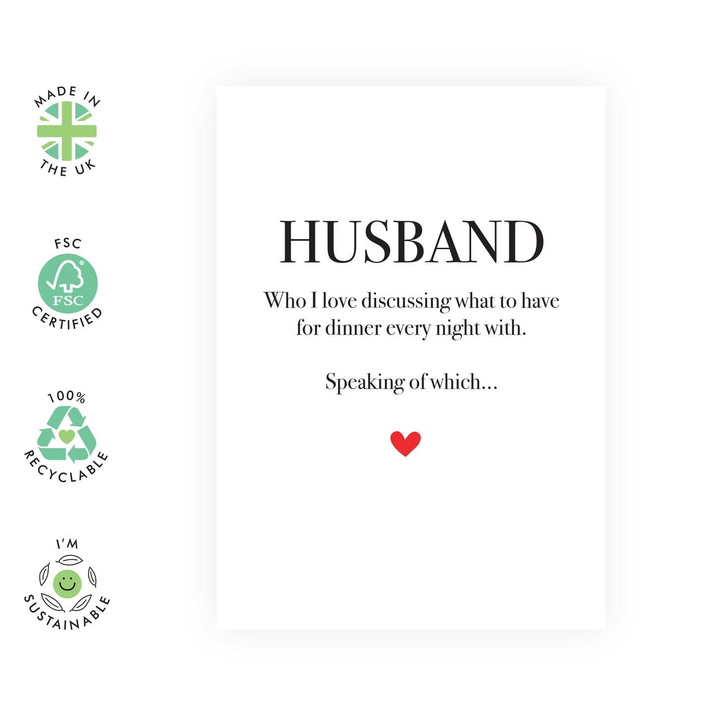 Sweet & Romantic Greeting Card - 'Husband Love Dinner' - Message for Husband, Hubby, Partners, Couples, Babe, Other Half - Discussing Dinner - Comes with Fun Stickers