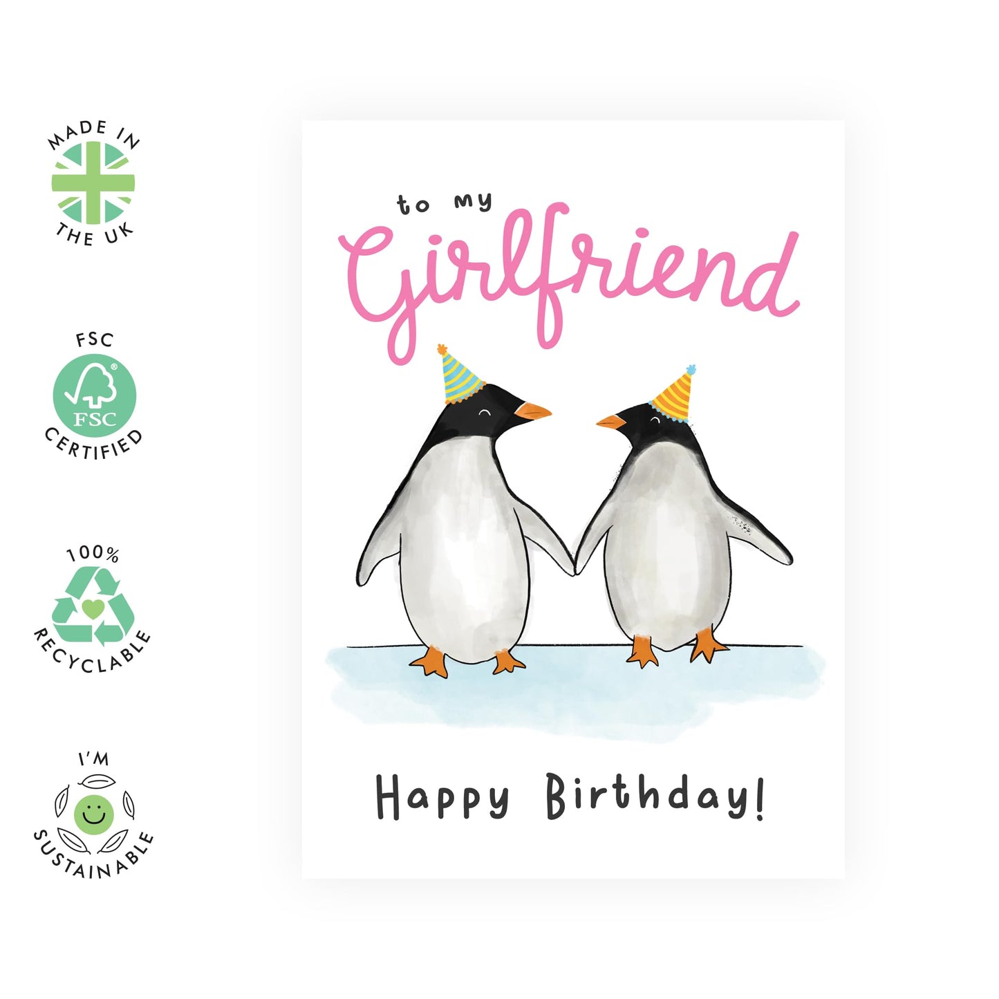 Girlfriend Birthday Card - To My Girlfriend - Birthday Cards For Women - Penguin Gifts For Her - Cute Greeting Card For Fiancee Partner Couple - Comes With Fun Stickers - By Central 23
