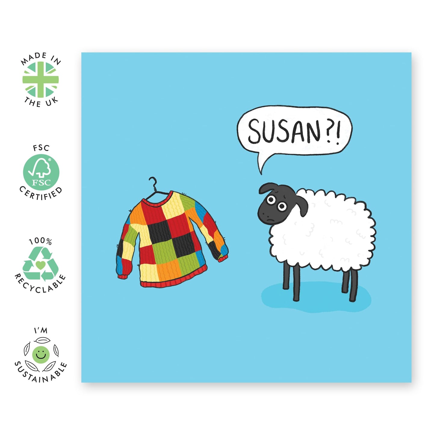 Sheep Birthday Card - 'Sheep and Jumper' - Presents for Husband, Wife, Friends, Co-workers, Colleagues, Family, Boyfriend, Girlfriend - Susan- Comes with Fun Stickers