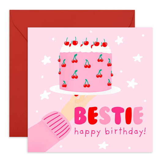 Pink Birthday Card - 'Bestie Birthday Cake' - Gifts for Ladies, Girls, Besties, Best & Close Friends, BFF, Co-workers, Colleagues, Her, Sister, Sis - Make A Wish - Comes with Fun Stickers