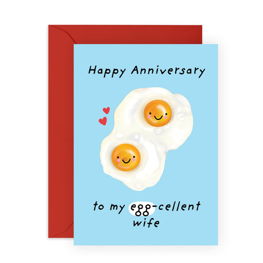 Cute and Fun Anniversary Card For Her- 'Egg-celent Wife' - Gifts for Babe, Spouse, Darling, Hun, Other Half, Partner - Sweet Message for Women - Comes with Fun Stickers
