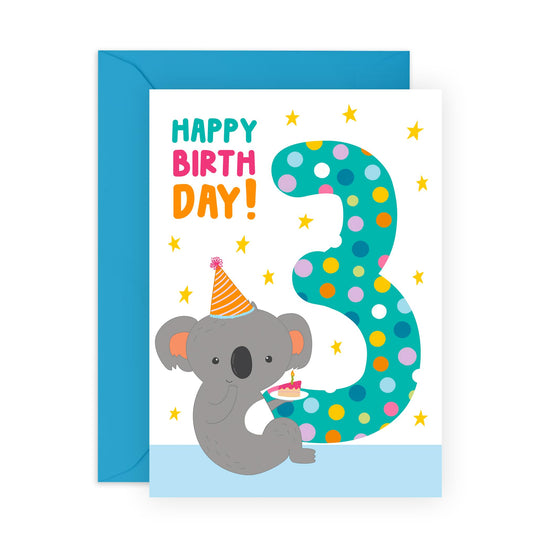 3rd Birthday Cards For Kids - Cute Koala Age Three - Happy Third Birthday Card For Girl Boy Toddler - Milestone Cards - Gifts For Godson Granddaughter - Comes With Stickers By Central 23