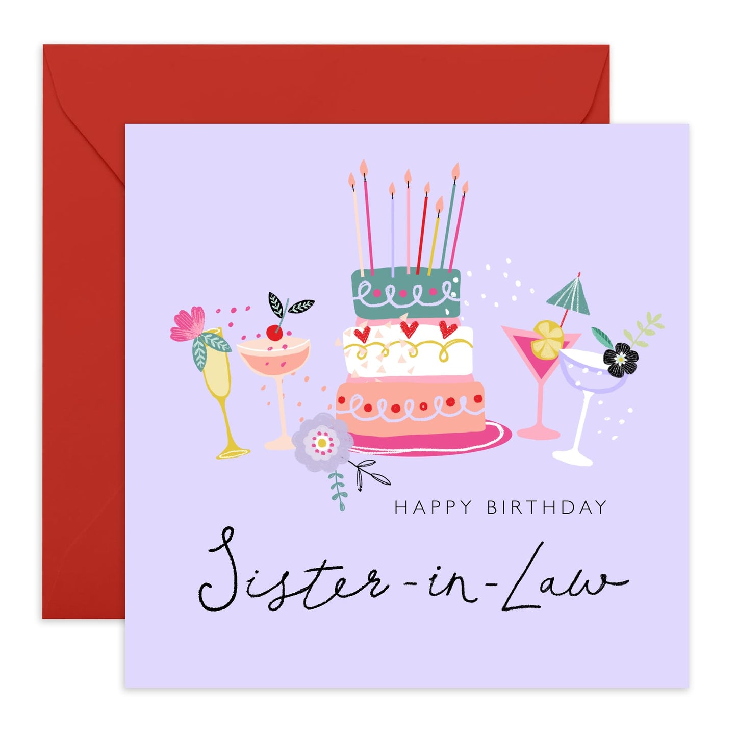 Purple Birthday Cards For Sister In Law - Bday Cake And Cocktails - Happy Birthday Greeting Cards For Sis-in Law - Sweet Heartfelt Gifts For Her Female Women - Comes With Fun Stickers By Central 23
