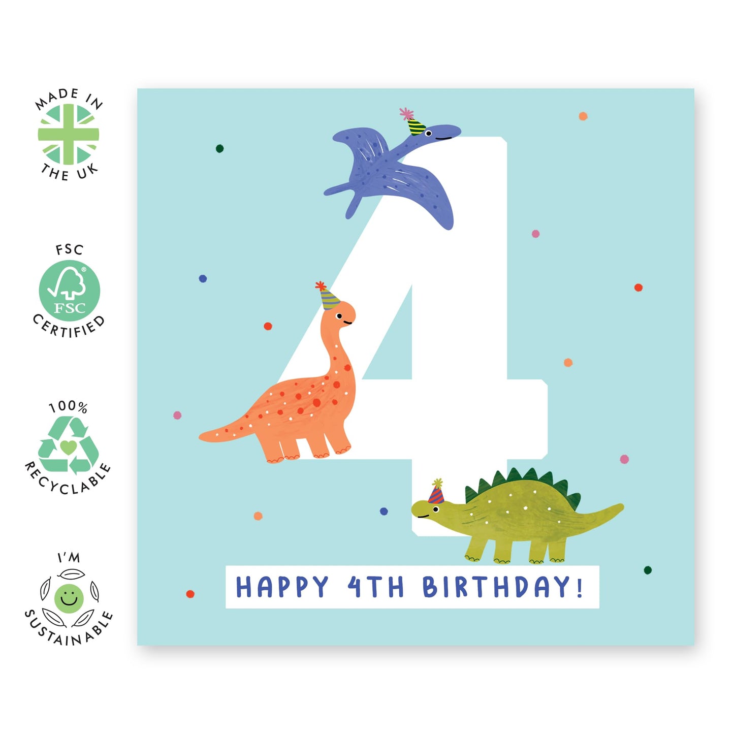 4th Happy Birthday Card Kids – Cute Dinosaur Party –Presents Boys, Girls, Son, Daughter, Niece, Nephew, Grandchild, Neighbour and Dino-Loving Children - Four Years Old - Comes with Fun Stickers