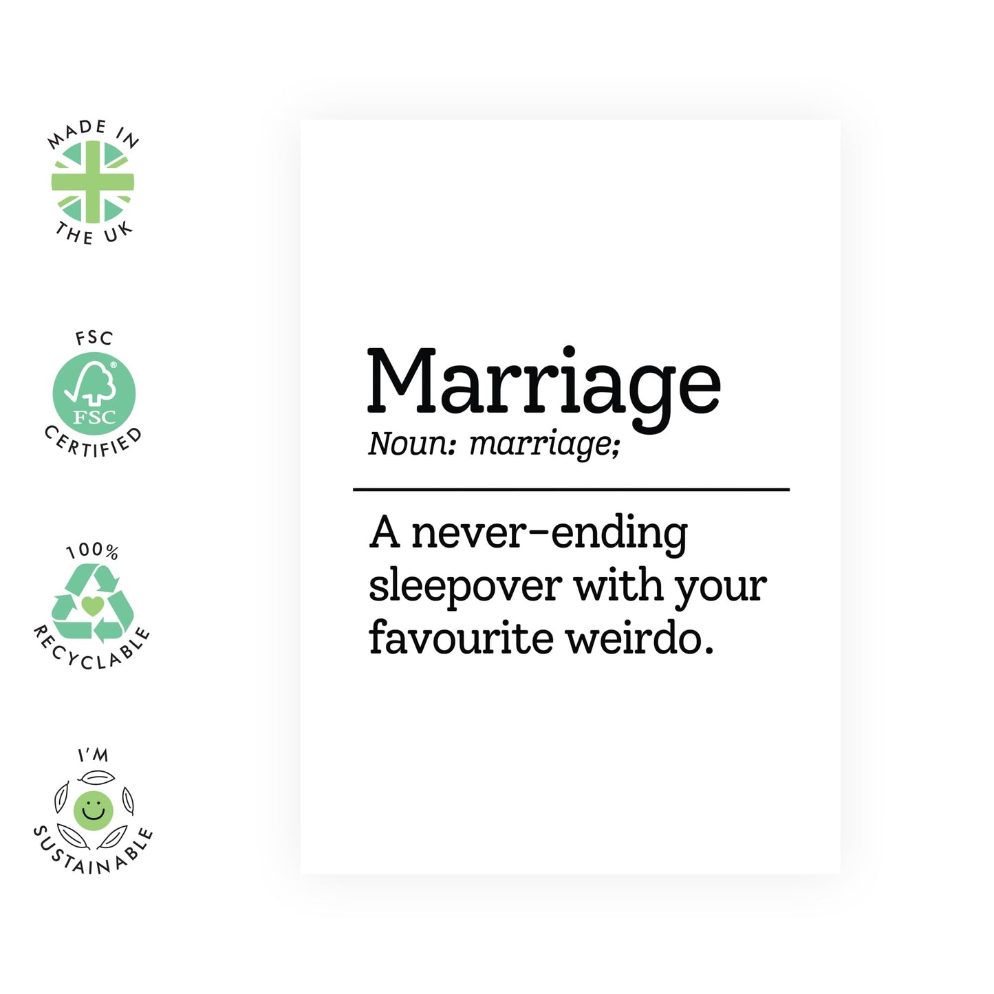 Cute Definition Love Card - 'Marriage Meaning' - Romantic Valentines Day Gifts for Husband, Wife, Life Partner, Other Half - Endless Sleepovers - Comes with Fun Stickers