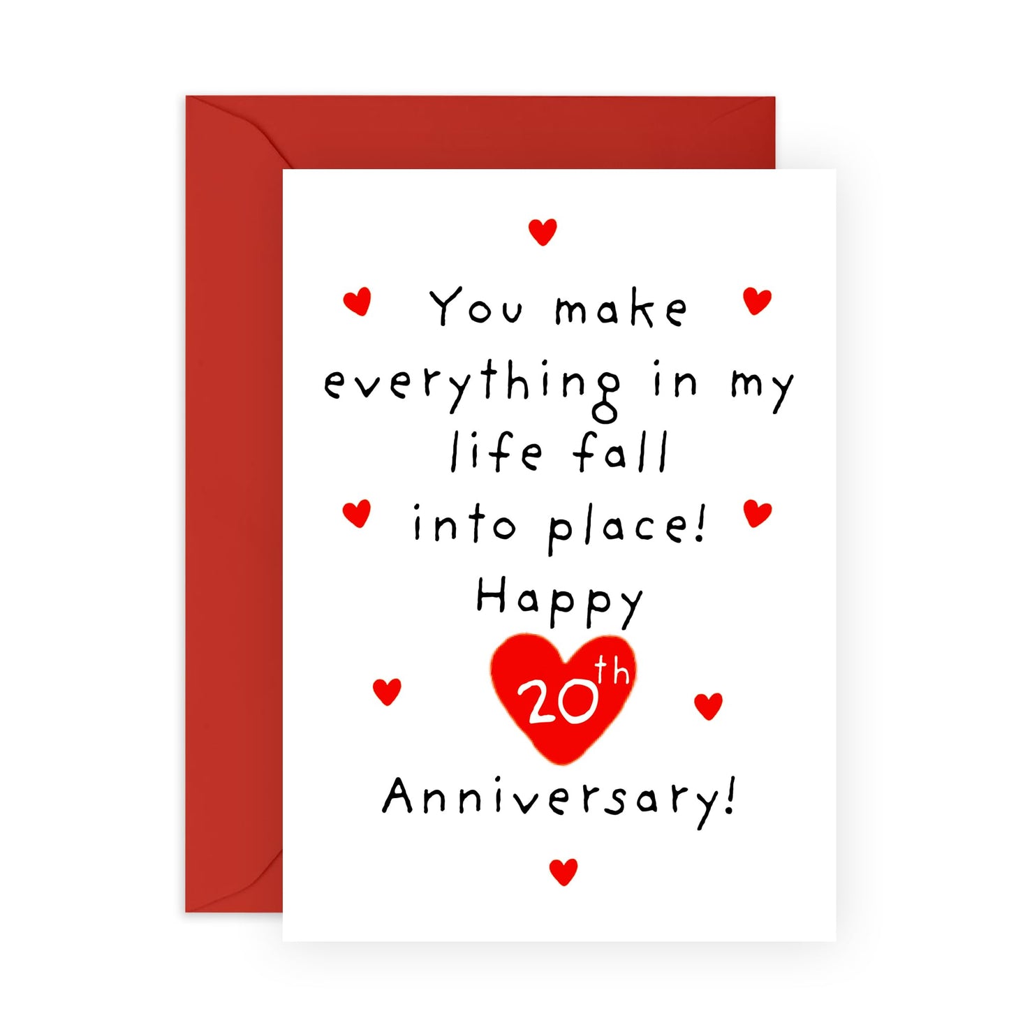 20 Years Anniversary Card Hearts - 'Fall Into Place 20th Anni' - Gifts for Wife, Husband, Spouse, Partner, Other Half, Babe - Red & Romantic - Comes with Fun Stickers
