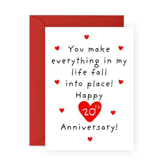 20 Years Anniversary Card Hearts - 'Fall Into Place 20th Anni' - Gifts for Wife, Husband, Spouse, Partner, Other Half, Babe - Red & Romantic - Comes with Fun Stickers