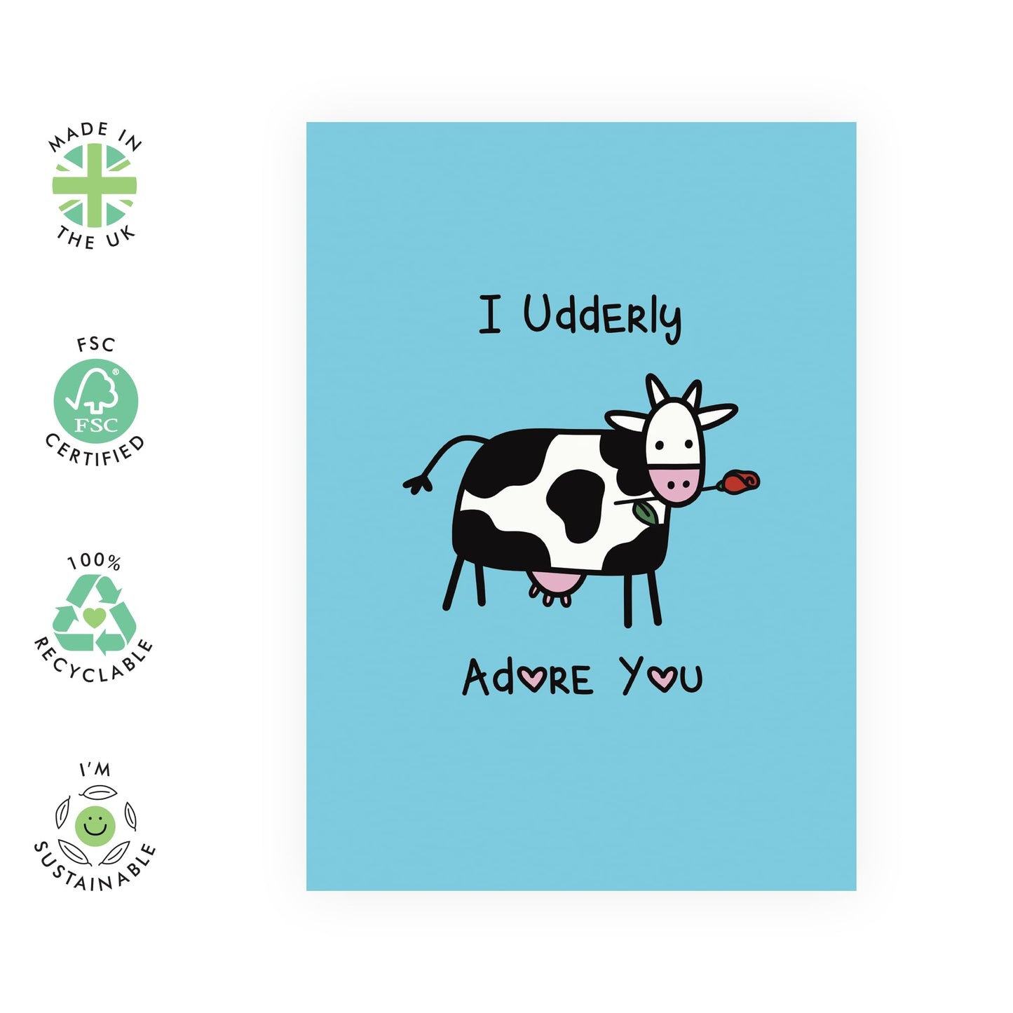 Sweet & Humorous Cow Love Card – "I Udderly Adore You" – Valentine’s Day or Anniversary Ideas for Partner, Husband, Wife, Boyfriend, Girlfriend, Her, Him, Farmers - Comes with Stickers