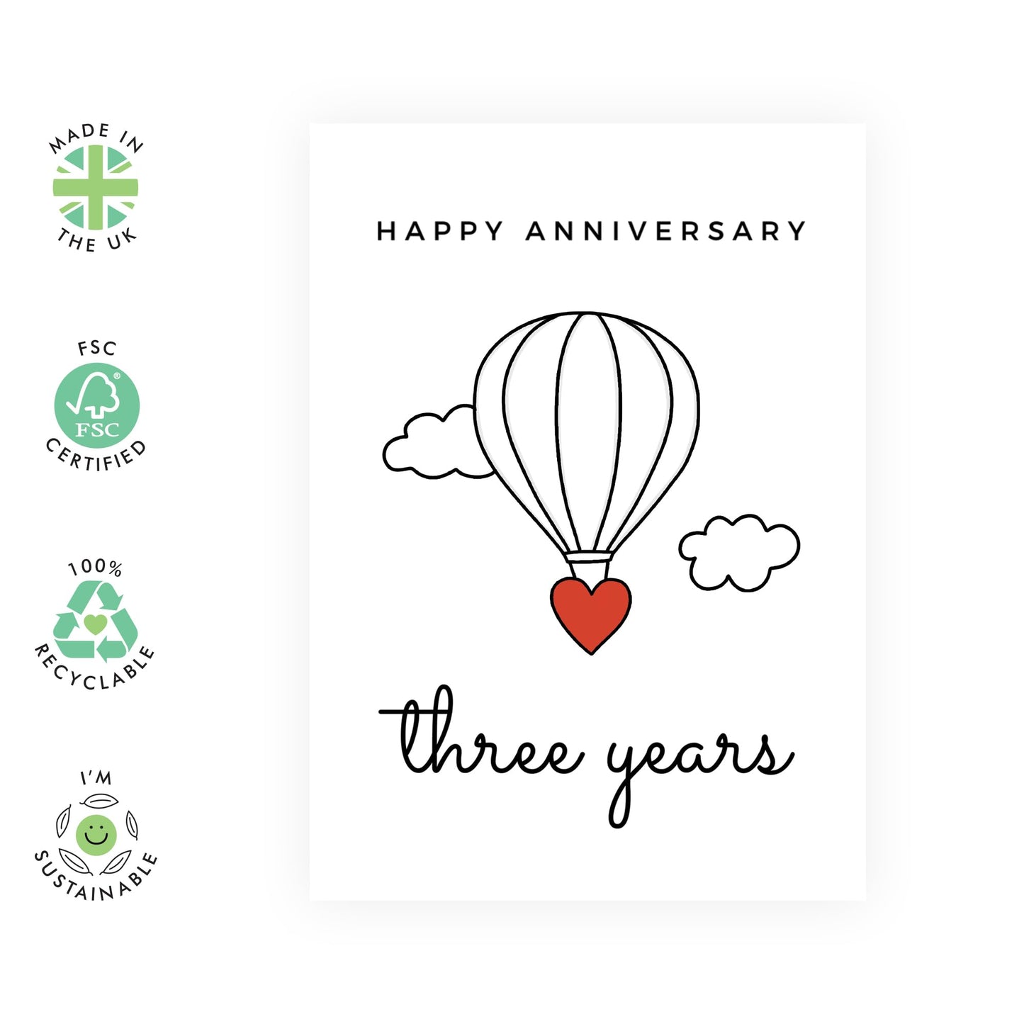 Sweet 3rd Anniversary Card for Her or Him - 'Love Air Balloon' - Gifts for Girlfriend, Boyfriend, Husband, Wife, Spouse, Babe, Lovebug, Darling, Hun, Other Half - Third - Comes with Fun Stickers