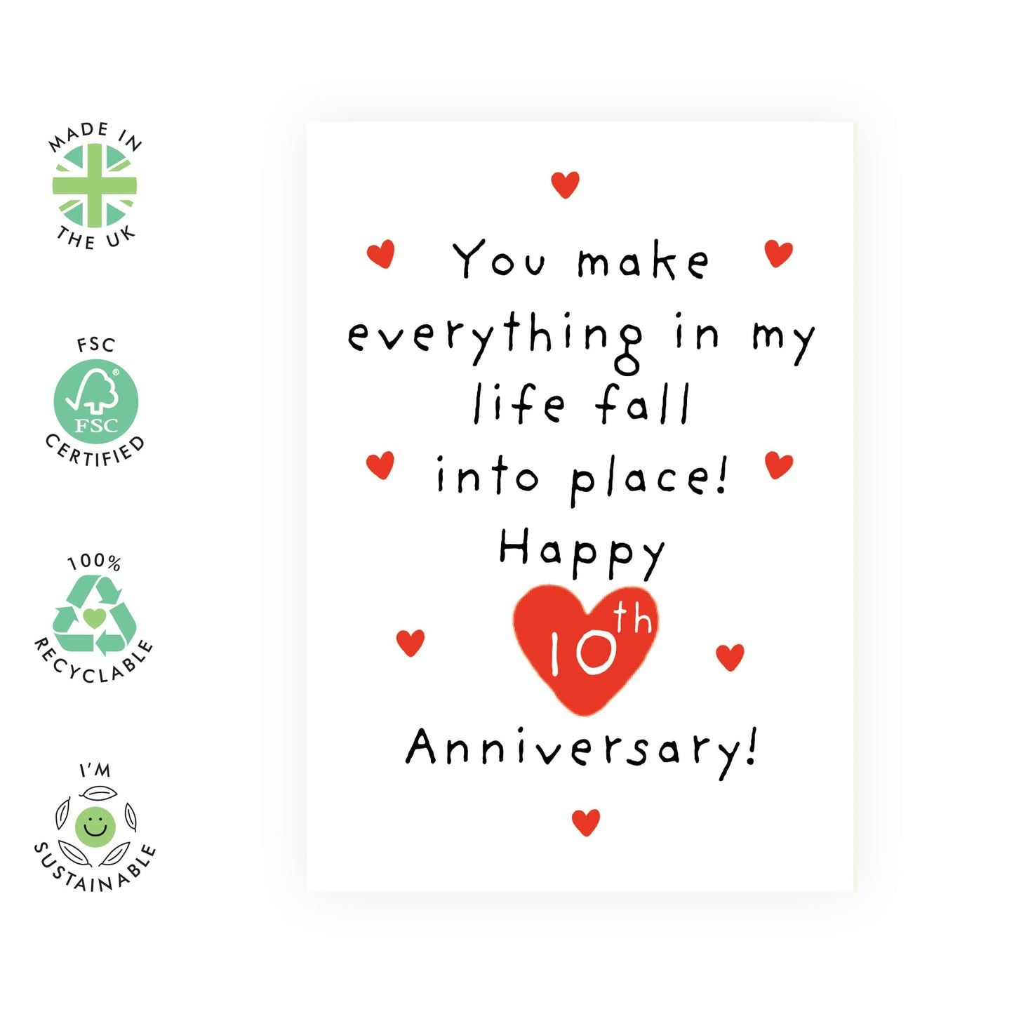 10 Years Anniversary Card Hearts - 'Fall Into Place 10th Anni' - Gifts for Wife, Husband, Spouse, Partner, Other Half, Babe - Red & Romantic - Comes with Fun Stickers
