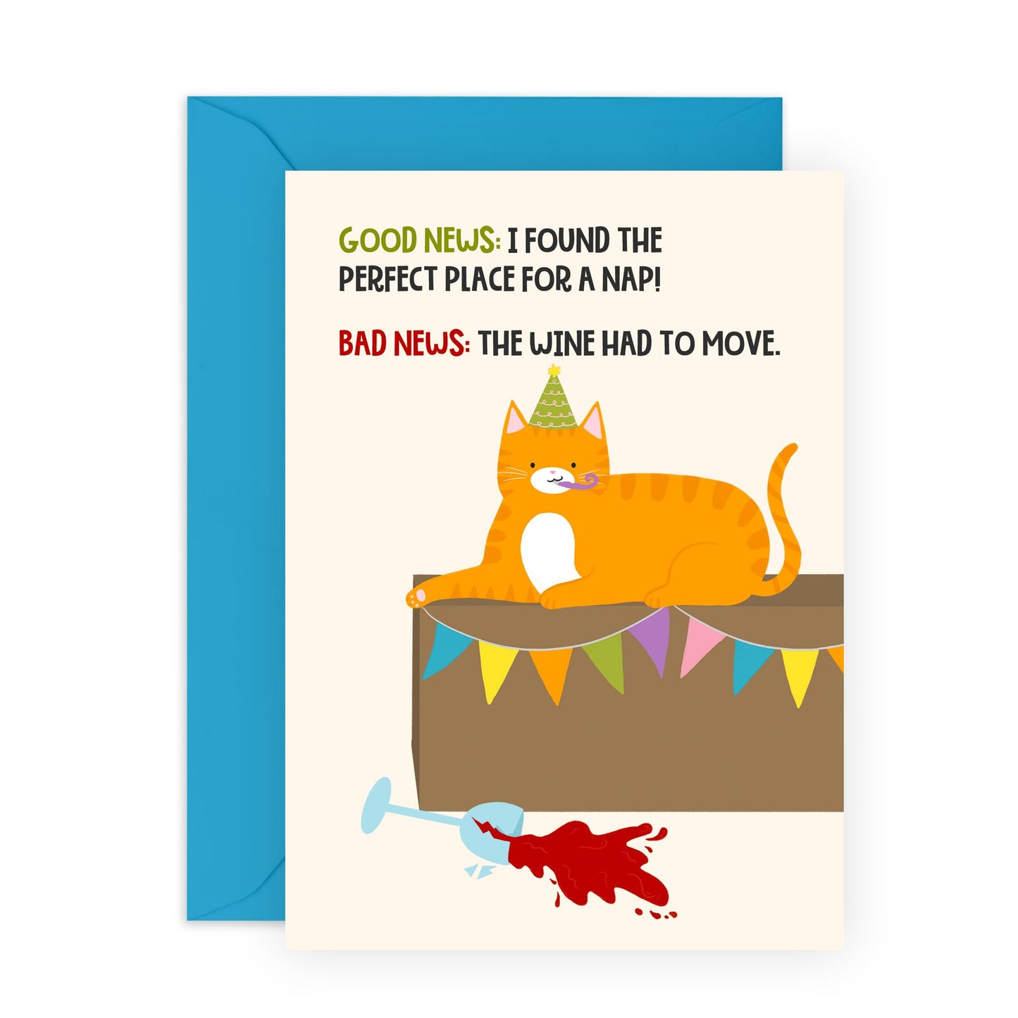 Funny & Cute Birthday Card with a Joke - 'Good News Bad News Cat' - Gifts for Cat Lovers, Pet Owners, Friends, Brother, Uncle, Aunties, Her, Him - Spilled Drink - Comes with Fun Stickers
