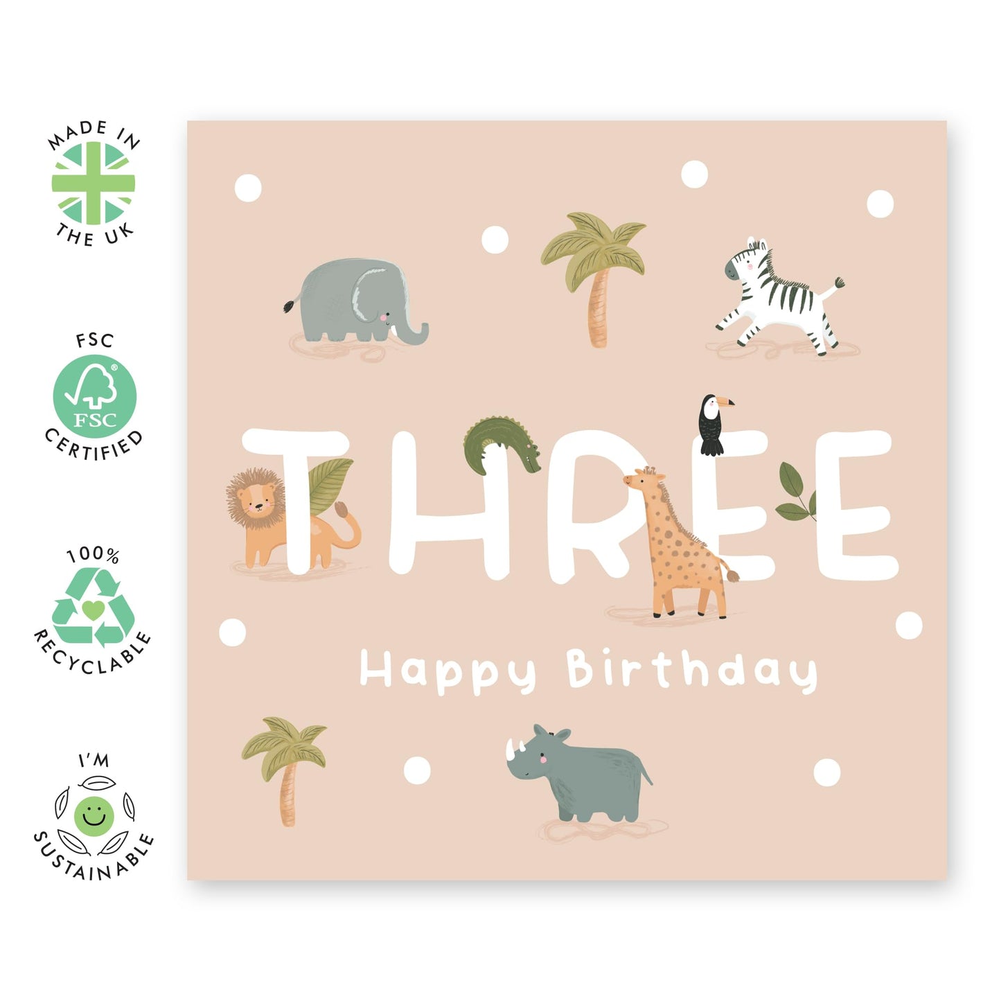 3rd Birthday Card with Cute Safari Animals - 'Safari Birthday Three' - Gifts for Boys, Sons, Girls, Daughter, Toddlers, Kids, Children, Family - Third - Comes with Fun Stickers