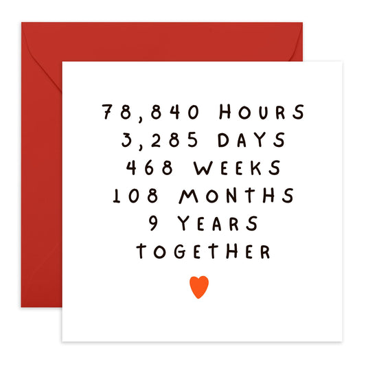 9th Anniversary Card Time Spent - '9 Years Together' - Gifts for Wife, Husband, Girlfriend, Boyfriend, Spouse, Babe - Hours Days Weeks Months - Comes with Fun Stickers