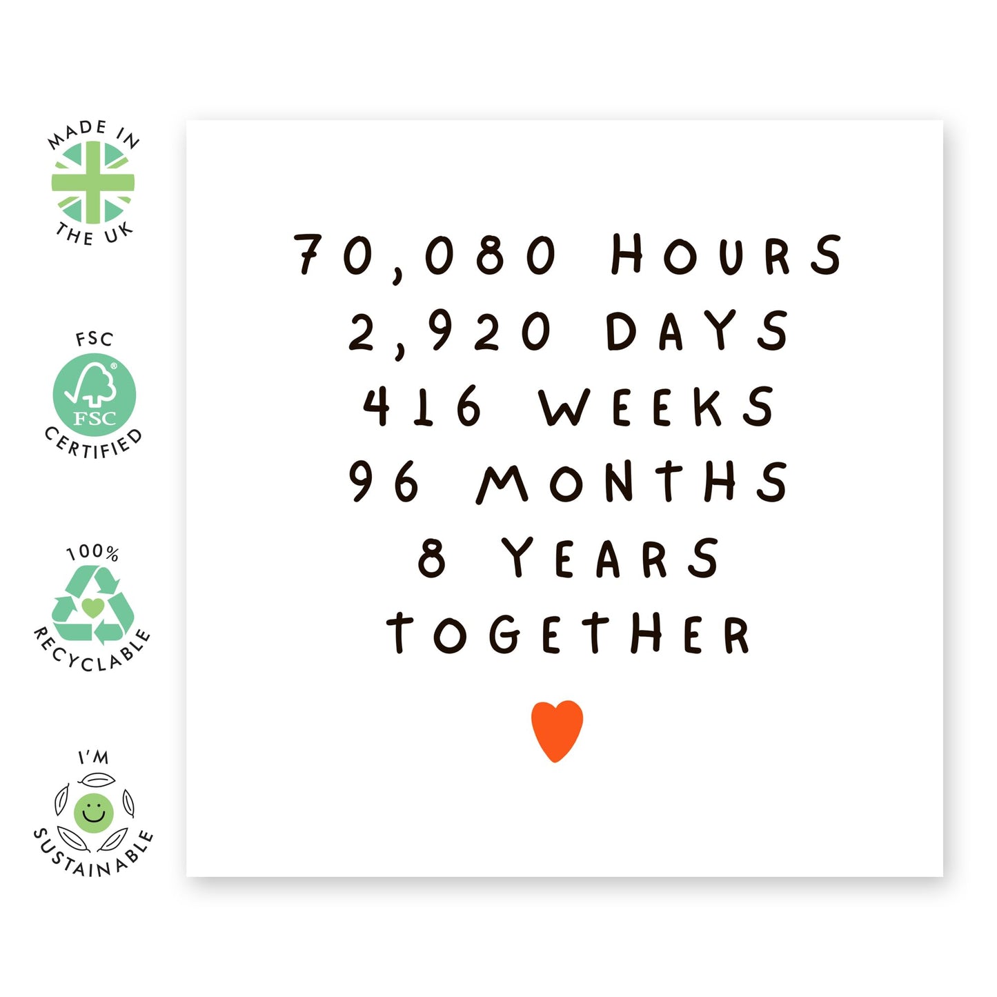 8th Anniversary Card Time Spent - '8 Years Together' - Gifts for Wife, Husband, Girlfriend, Boyfriend, Spouse, Babe - Hours Days Weeks Months - Comes with Fun Stickers